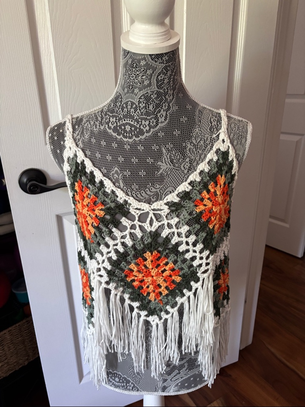 Crochet Fringe Crop Top in White, Olive & Orange